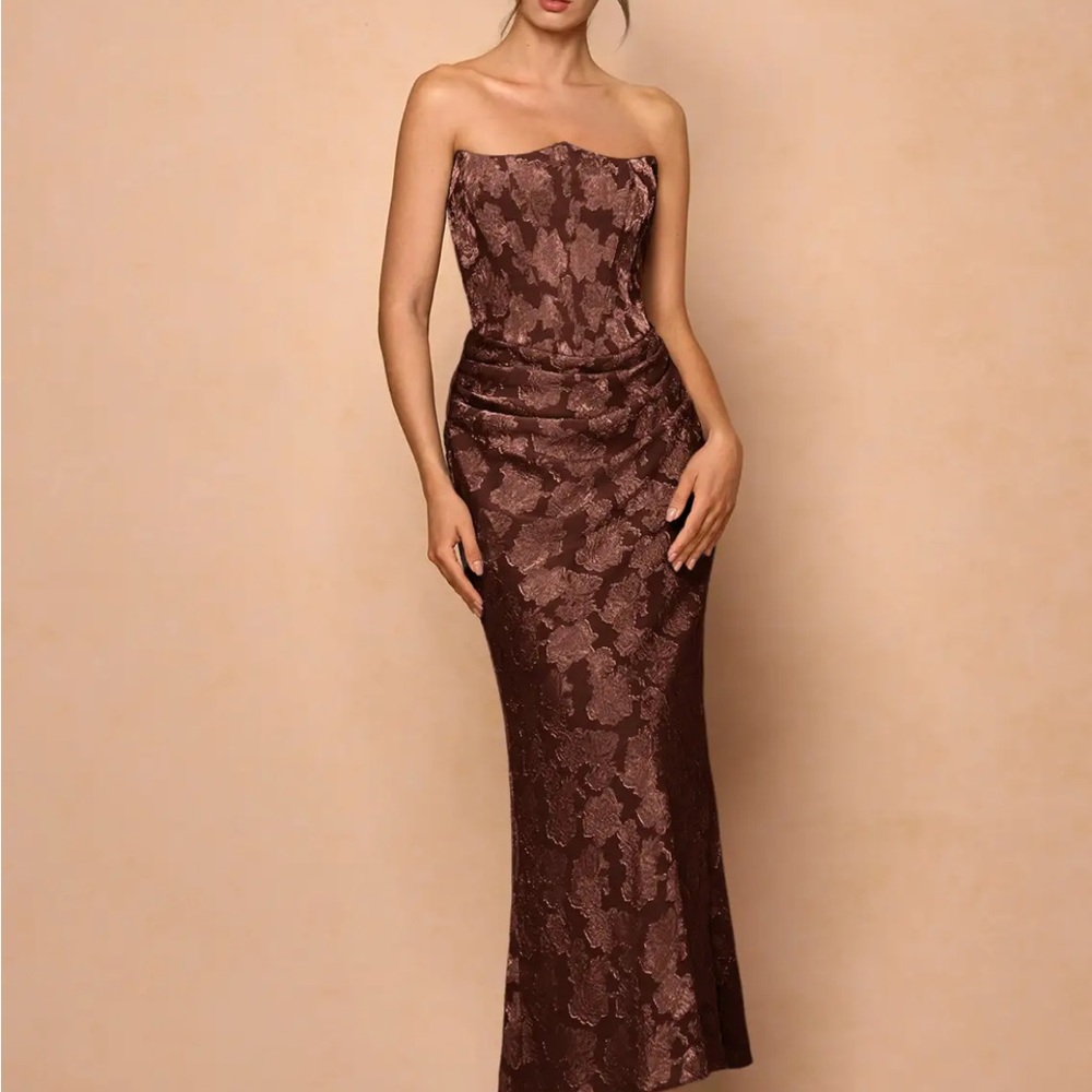 Azazie Strapless Jacquard Gown in Chocolate Brown